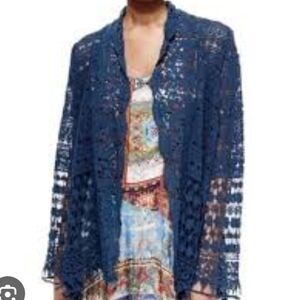 Johnny Was Blue Chic Trendy Floral Crochet Knit Boho Feminine Cardigan Size M